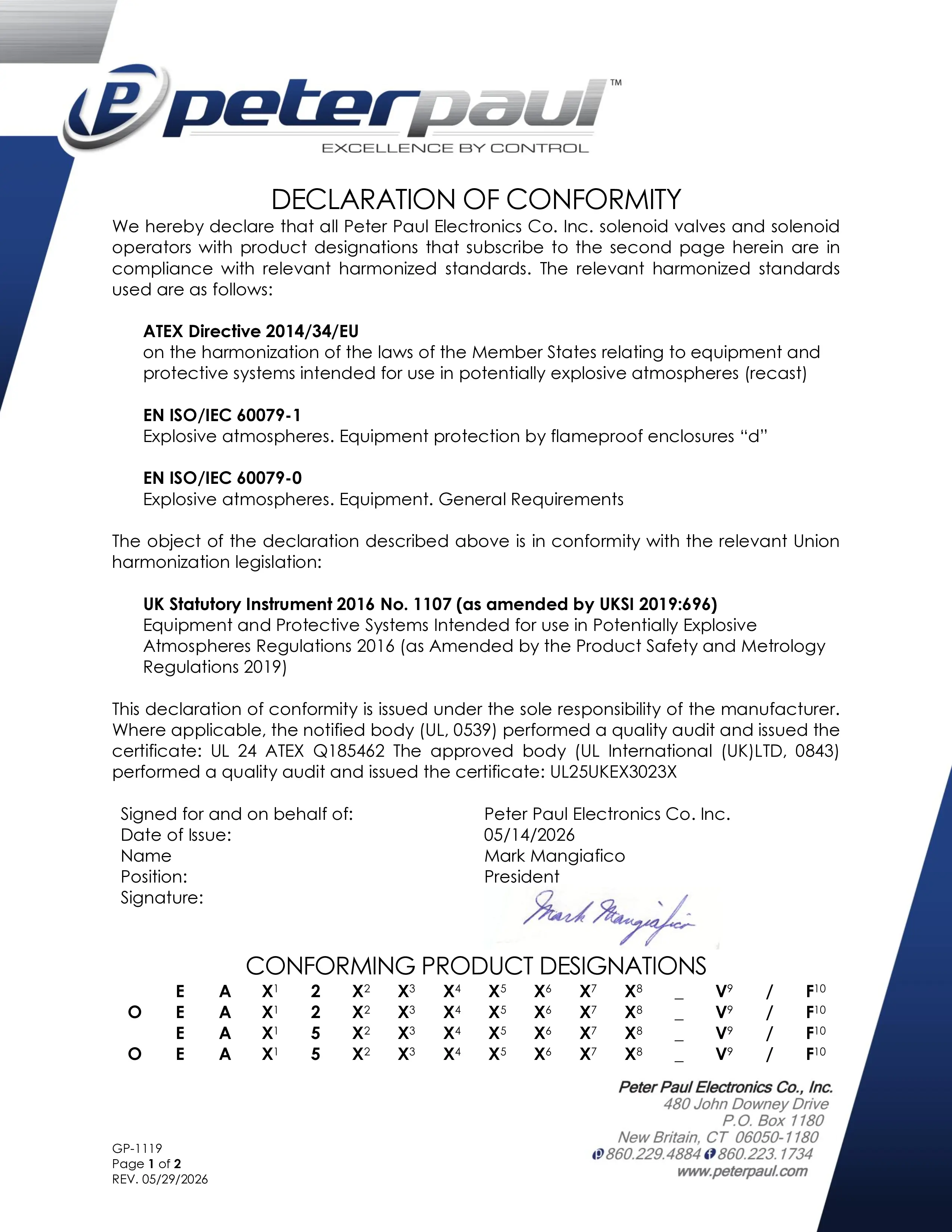 GP-1119 ATEX IECEx UKEx Signed Declaration of Conformity page 1