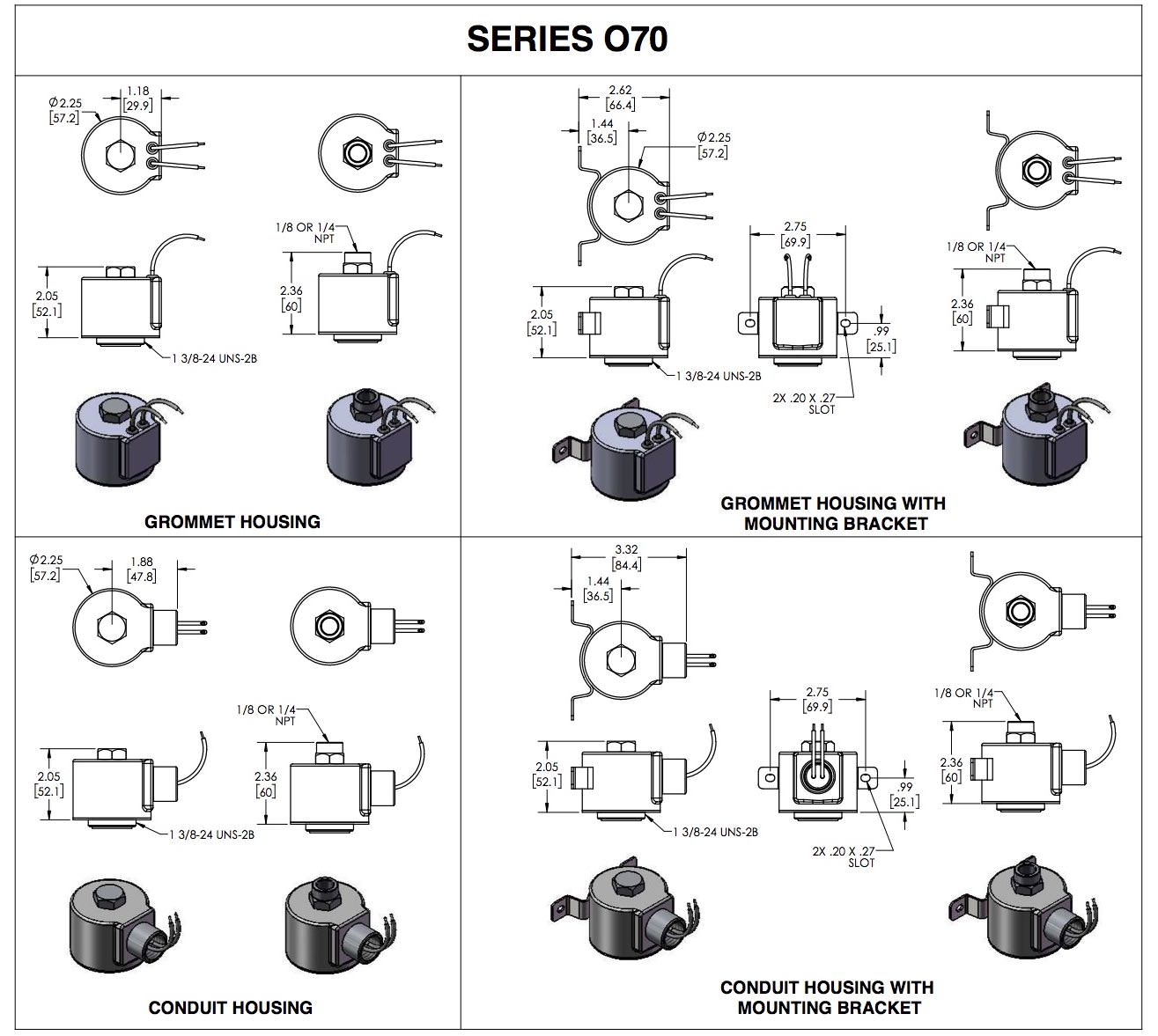 Series O70 solenoid operator dimension drawings