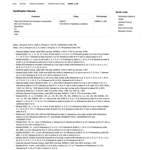 CSA Certification for Solenoid Valves and Operators used in Hazardous Locations