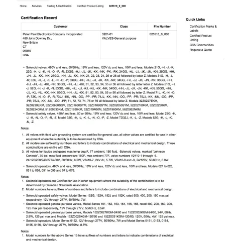 CSA Certification for Solenoid Valves and Operators used in Ordinary Locations