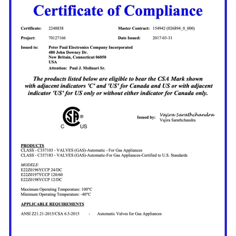 CSA Certification for CLASS -C337103 -VALVES (GAS)-Automatic -For Gas Appliances and CLASS -C337183 -VALVES (GAS)-Automatic-For Gas Appliances-Certified to U.S. Standards