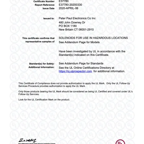 cULus CERTIFICATION FOR LOW WATT SERIES 20 SOLENOID OPERATORS USED IN HAZARDOUS LOCATIONS