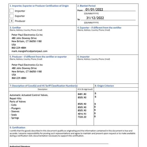 Certification of Origin (CUSMA/USMCA/T-MEC)