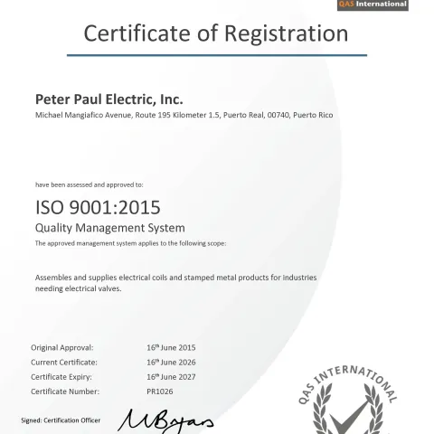 Puerto Rico ISO 9001 – Peter Paul Electric Inc.