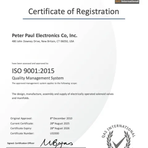 ISO 9001 certificate — Peter Paul Electronics Co., Inc., New Britain CT